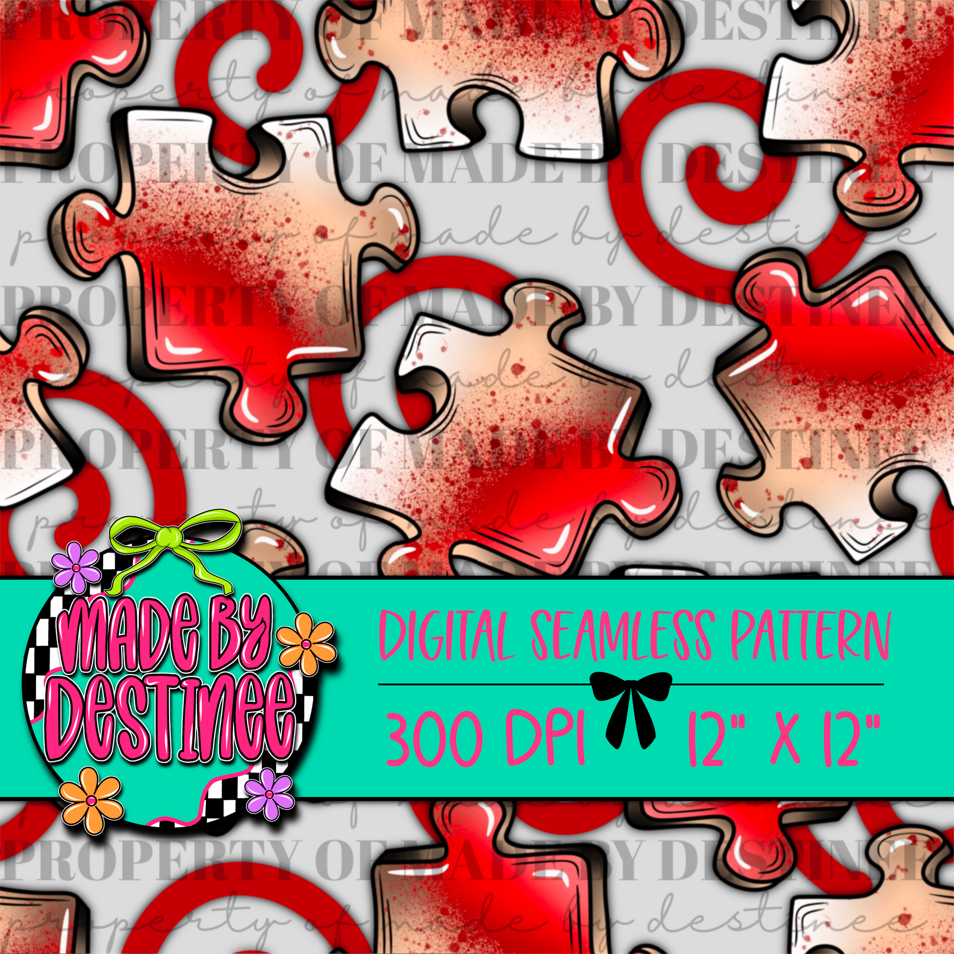 Red Puzzle Piece Seamless Digital Pattern | 12x12 PNG 300 DPI Background