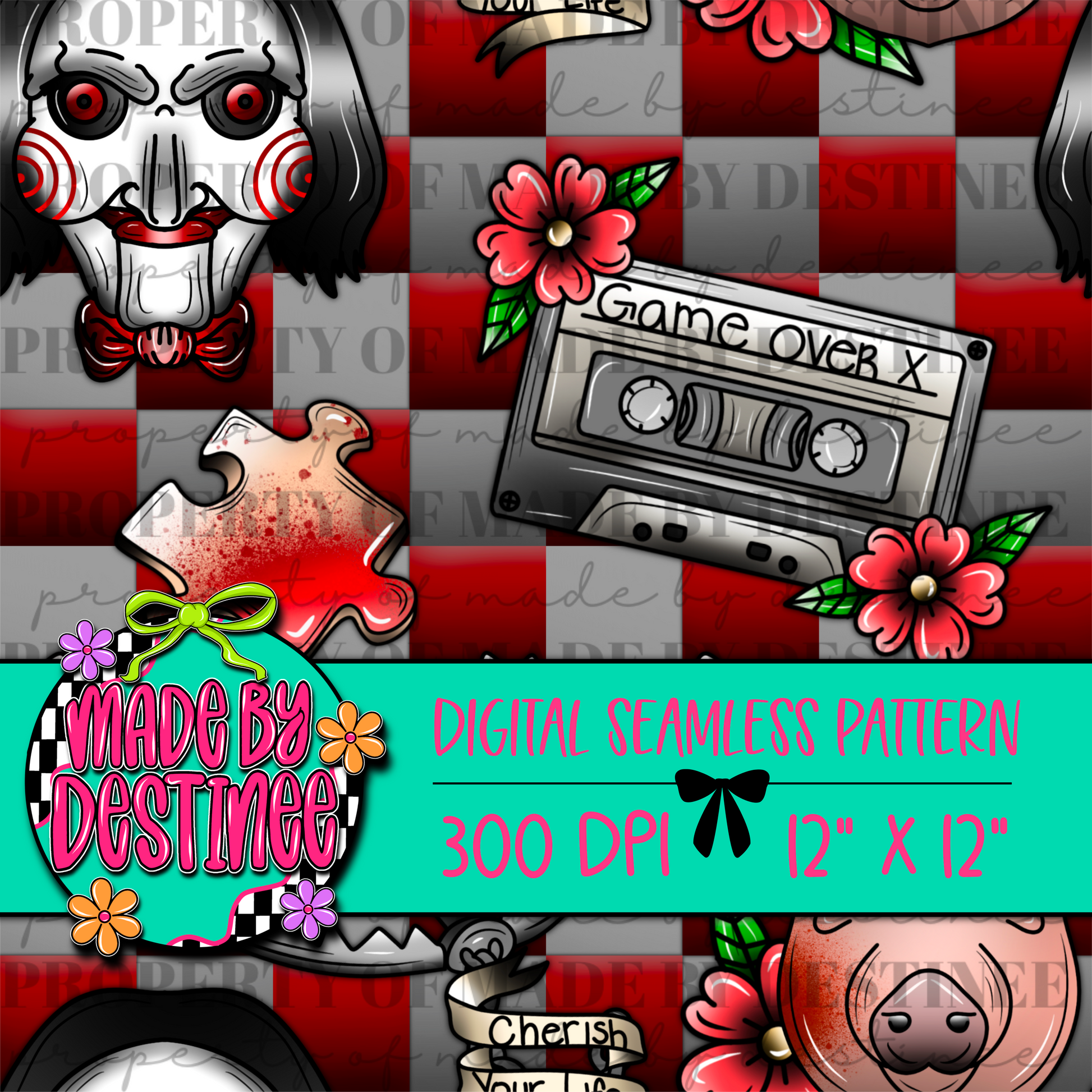Horror Checkered Seamless Digital Pattern | Creepy Mask Puzzle Tape Blood Splatter PNG