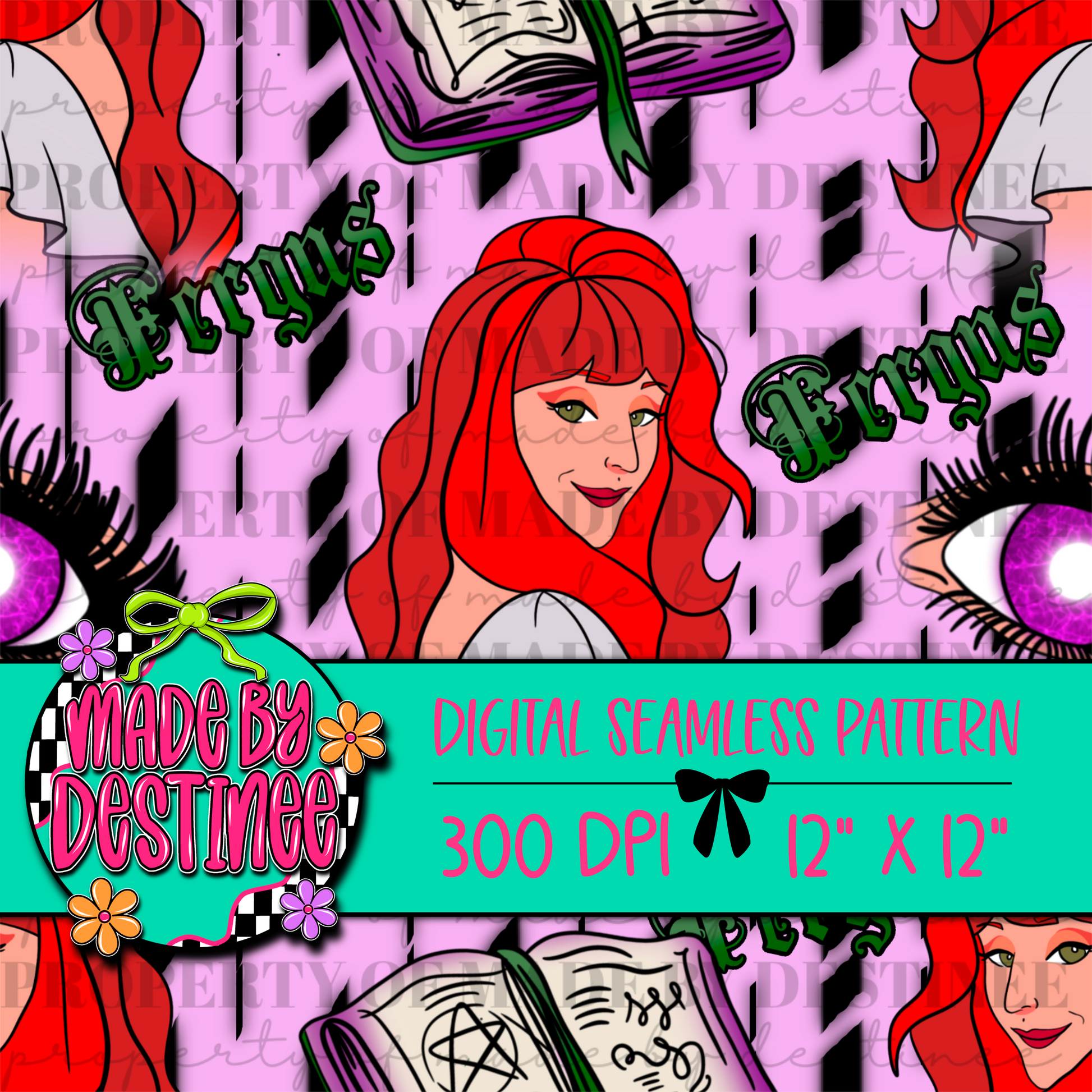Witchy Girl Seamless Digital Pattern | Gothic Pink Spell Book Eye PNG
