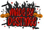 Halloween-themed design with 'Made by Destinee' text surrounded by pumpkins, bats, and stars on a white background.