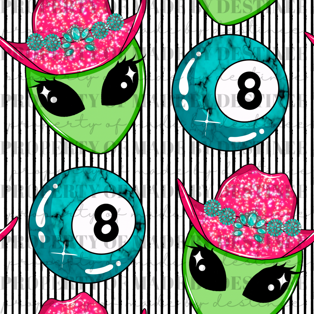 Cowgirl Alien & 8 Ball Seamless PNG