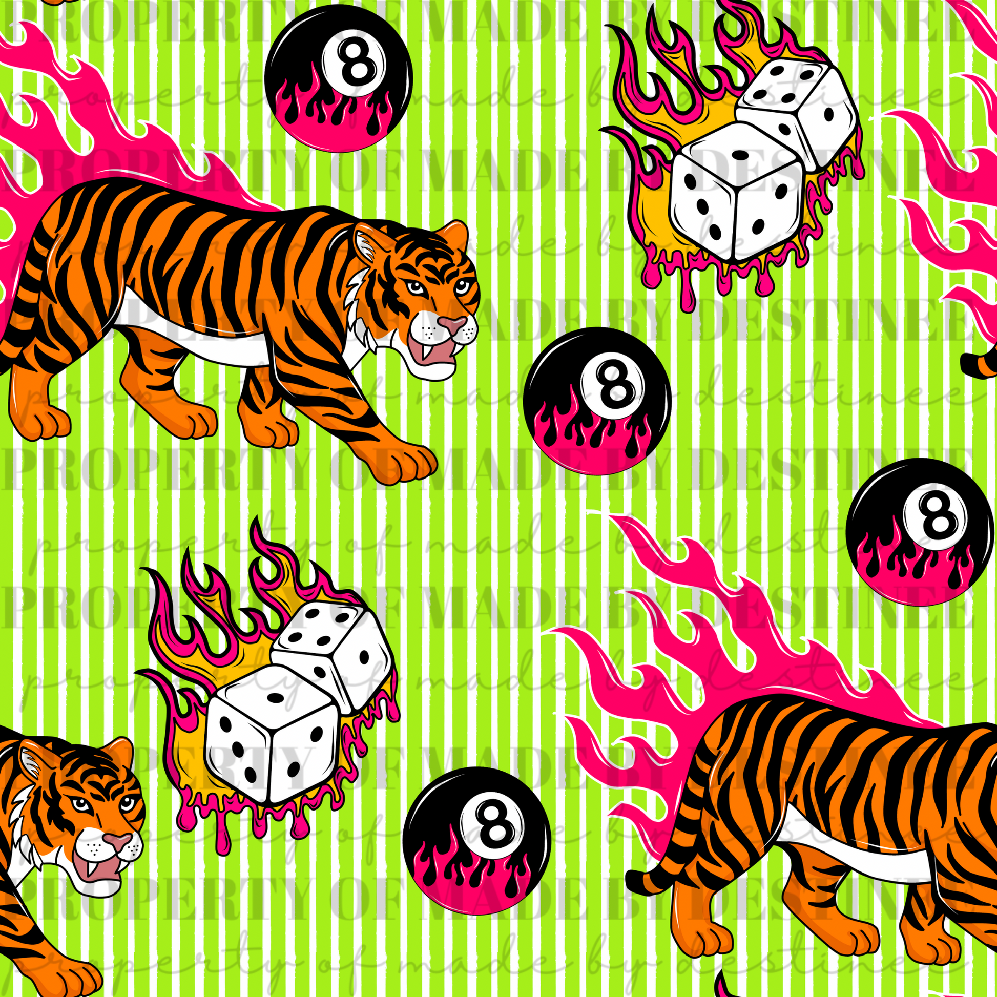 Tiger Dice & 8 Ball Flames Seamless PNG